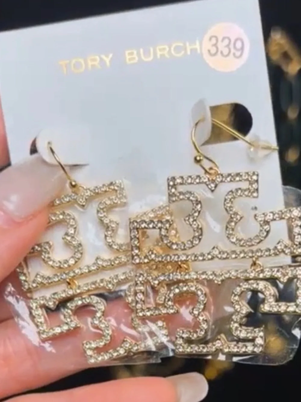 Tory Burch Gold Crystal Double-Tier Logo Drop Earrings NEW $129